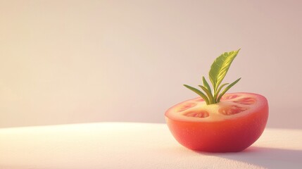 A fresh tomato with a sprout, showcasing vibrant colors and natural beauty.