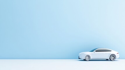 A sleek white car parked on a minimalist white floor against a light blue wall, modern automotive design, and clean and simple composition.