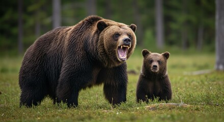 Protective mother bear aggressively guards her cub in natural meadow habitat