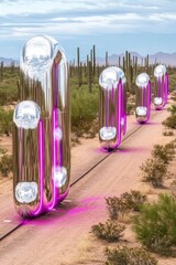 Chrome Sculptures with Purple Lights in a Desert Landscape
