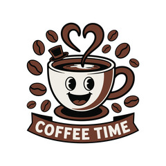 Coffee Time Cute Cup Character Vector | Coffee Lover Funny Logo  Coffee Break Cartoon Design  Cafe, Barista, Beverage Icon for Stickers, T-Shirts, Branding, and Menus