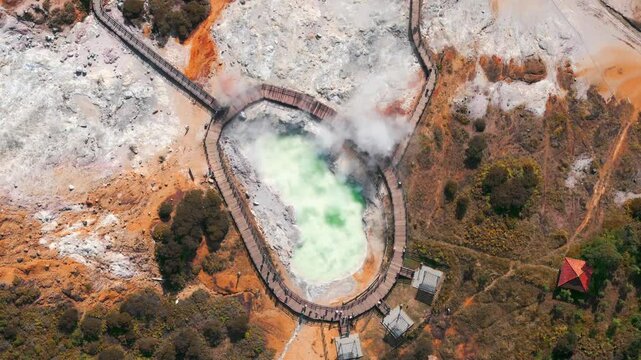 Established Aerial View of Sikidang Crater at Dieng Plateau, an Active Volcano Crater . Dieng, Indonesia