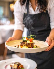 Close-Up of Gourmet Dish Being Served by Waiter