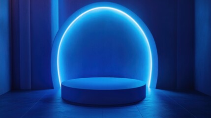Abstract realistic 3d blue cylinder pedestal podium with a dark blue abstract room with semi circle glowing neon lighting scene. Rendering product display presentation. Round.