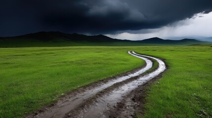 A winding dirt road through a grassy plain, under a dark sky