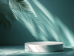 An empty oval podium stands against a background of palm leaves, casting shadows on the mint-colored walls and floor. Realistic background for product presentation.