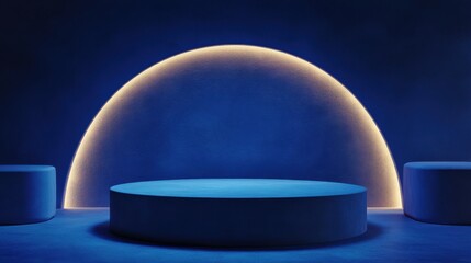 Abstract realistic 3d blue cylinder pedestal podium with a dark blue abstract room with semi circle glowing neon lighting scene. Rendering product display presentation. Round.