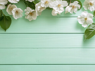 White jasmine flowers framing the wooden plank surface painted in pastel mint color. Realistic spring background.