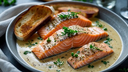 Gourmet salmon fillets in creamy herb sauce