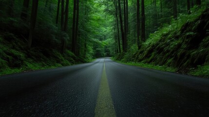 Obraz premium Misty forest road. Lush green trees line a dark, wet road