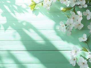 White apple blossoms lying in a corner on a light turquoise wooden surface. Bold shadows on the surface. Minimalistic realistic spring background.
