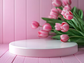 An empty oval podium stands against a background of pink tulips in front of pastel pink walls and wooden floor. Realistic background for product presentation.