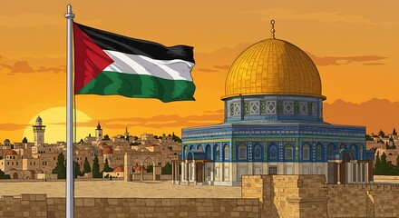 Obraz premium Illustration of palestine flag waving with dome of the rock and jerusalem skyline at sunset