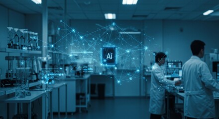 Two scientists in a lab with ai overlay and lab equipment in a blue toned modern research facility