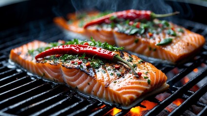 Grill masters delight sizzling salmon with chili peppers