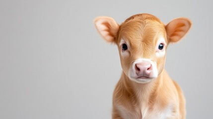 Adorable baby calf, close-up portrait against a neutral backdrop.  Soft, fluffy light brown fur, and white markings on face and legs.  Innocent expression