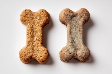 Two delicious bone shaped dog treats on a white background showcasing canine snacks and pet food nutrition with a bright and inviting studio shot for animal lovers