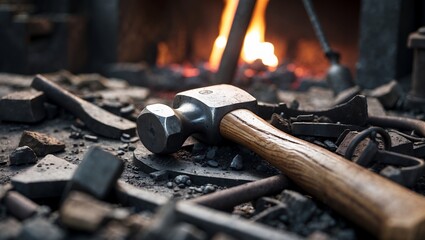 Hammer resting amidst the glowing forge remnants