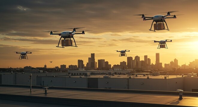 Aerial delivery drones carrying packages over a city skyline during a golden sunset hour scenery