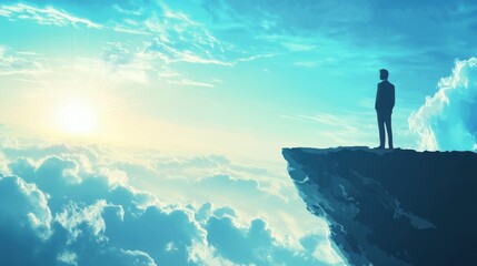 Fototapeta premium Silhouette on Clifftop Sunrise Over Cloudscape