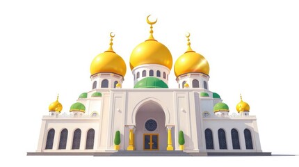Detailed Islamic Building with Golden Domes and Arches on White