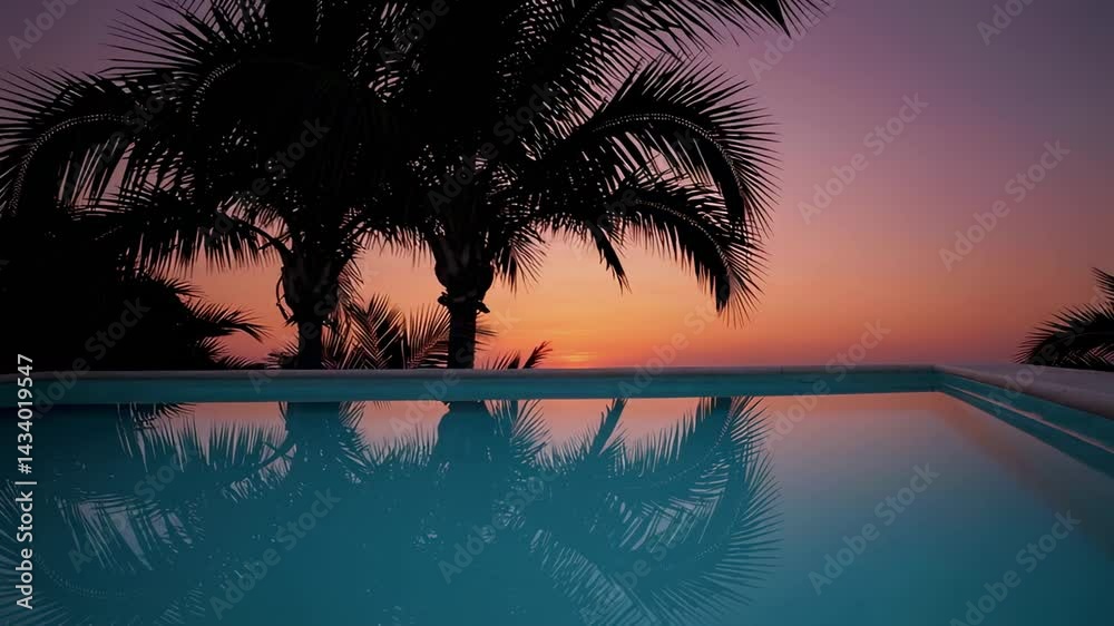 Poster twilight rays casting warm orange and pink hues, illuminating swaying palm trees reflecting softly w