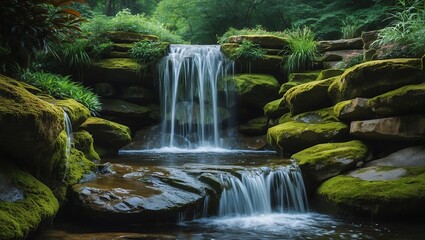 Hidden waterfall in a serene secret garden