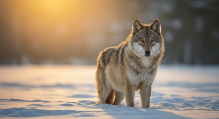 Fototapeta premium Lone wolf in snowy expanse bathed in warm light of setting sun