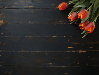 Red tulip flowers lying in a corner on a dark wooden surface. High-contrast realistic spring background.