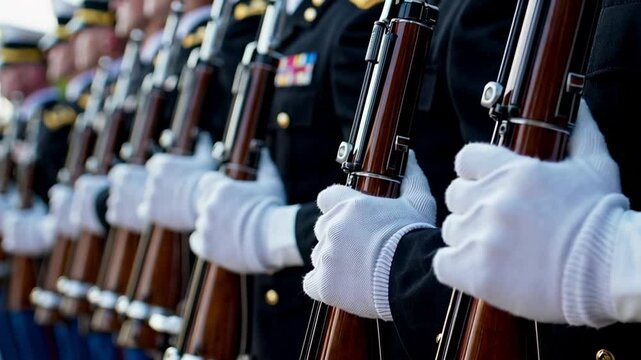 Military personnel standing at attention, gripping rifles during veterans day parade, embodying profound respect, national pride, and dedication to service and sacrifice