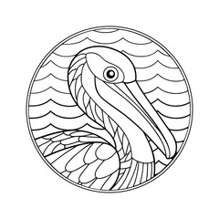 Pelican head surrounded by water waves inside circular frame black and white outline suitable for coloring page