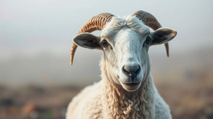 Obraz premium Ram Portrait with Curled Horns Staring Directly at the Camera