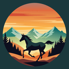 "Dynamic horse silhouettes running through diverse landscapes including desert, jungle, grassland, and mountains under dramatic skies, vector illustration"
