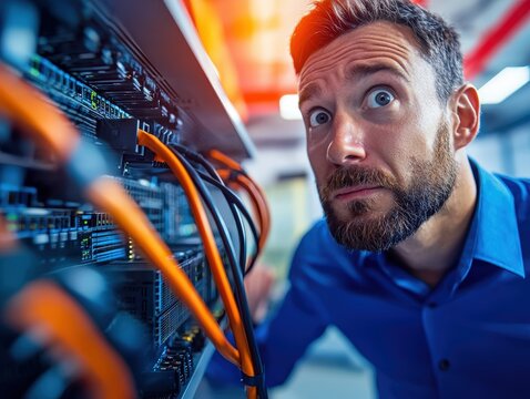 A curious male technician inspecting network cables and server equipment in a modern data center or telecommunications room with a focused expression