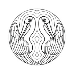Symmetrical bird emblem design featuring pelicans in circular outline for coloring pages or graphic elements