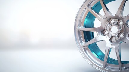 Obraz premium Close-up of a modern car alloy wheel with detailed spokes and rim on a clean white background, high resolution automotive component photography