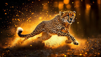 Fierce spotted cat in rapid motion amidst golden light.