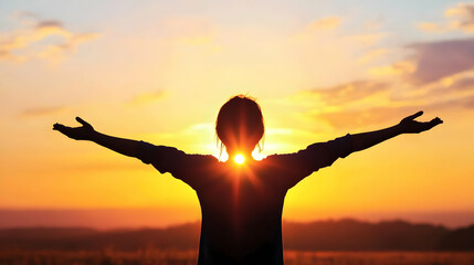 Fototapeta premium Silhouette Of Person With Open Arms At Sunset