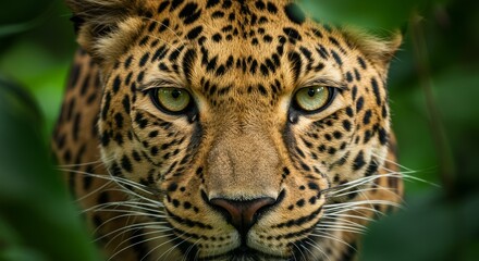 Fototapeta premium Intimate Gaze A close-up of a leopard face displaying its powerful and captivating presence