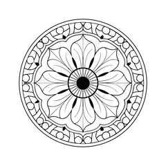 Abstract floral mandala illustration with intricate circular design in black and white outlines suitable for coloring pages