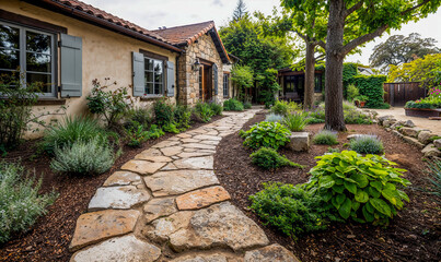 Obraz premium Beautifully landscaped garden pathway with a stone trail and lush greenery in a charming setting