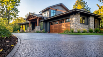 Freshly sealed driveway of a modern home surrounded by greenery in the evening light