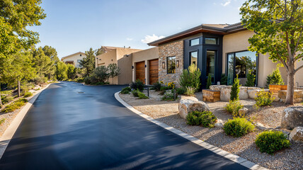 Freshly sealed asphalt driveway enhances curb appeal at modern home