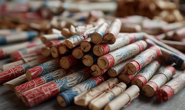 Old fashioned unlit fireworks arranged in a colorful pattern fill the entire frame