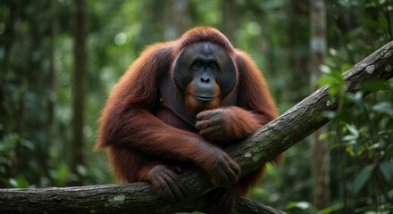 Captivating orangutan portrait, peacefully resting on branch within verdant jungle