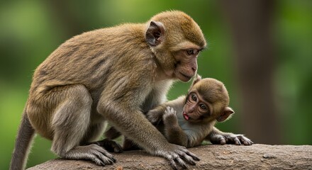 Obraz premium Tender moment, Monkey parent attentively grooms its adorable baby