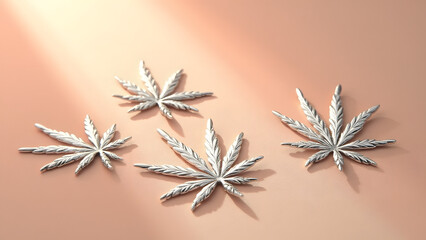 Fototapeta premium Sterling silver leaves on peach-and-linen. Mirror-finish reflections play against warm textured neutrals for refined contrast.