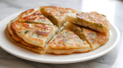 Golden Brown Scallion Pancakes on a White Plate Ready to Enjoy with Crisp Flaky Layers and Fresh Ingredients