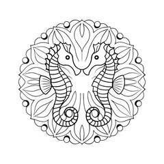 Black and white mandala with seahorses intricate floral design coloring page for adults relaxation and artistic expression