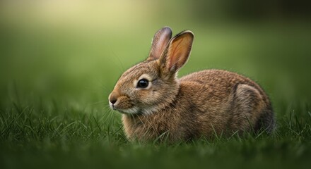 Gentle Brown Rabbit Enjoys a Moment of Rest on Verdant Grassy Field